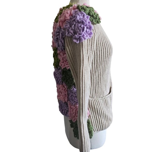 Handmade Beige Open-Front Knit Cardigan Upcycled With Floral Crochet Accents - Picture 13 of 14